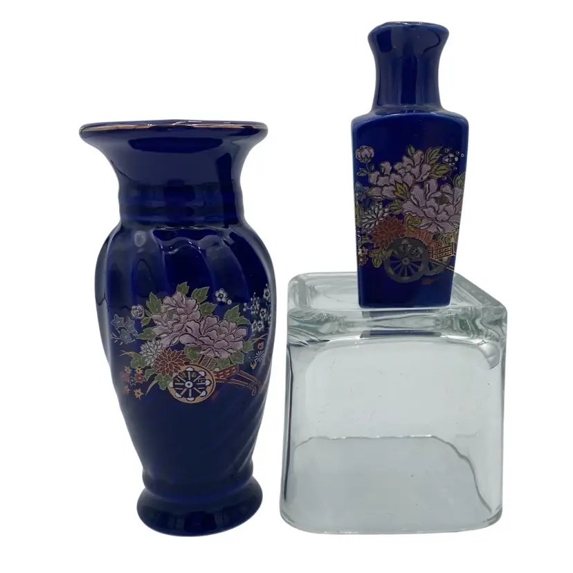 Pair - Vintage Cobalt Blue Porcelain Vases, Japan, Pink Peonies in Wheelbarrow