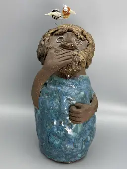 Audrey Nelson "Weed People" Clay Pottery Figure - Folk Art Flower Frog 7" tall - Vintage - Bob Ross Anyone?