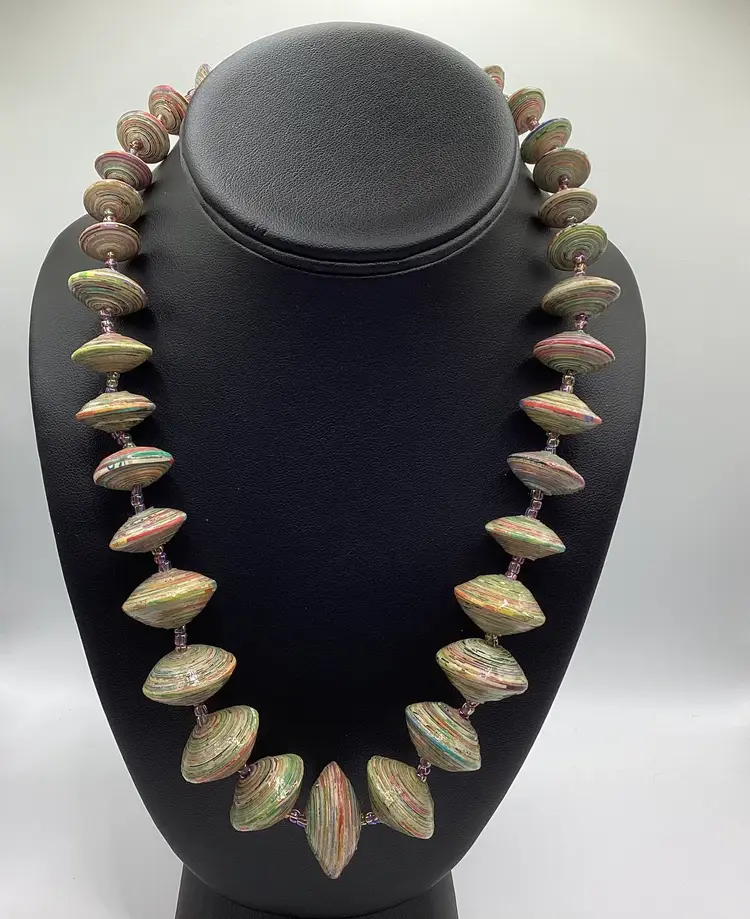 Gorgeous / Paper Rolled Disc Shaped Bead and Seed Bead Necklace 20”