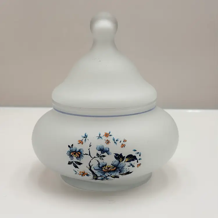 Viking Frosted Satin Glass With Blue Flower Design Lidded Candy Dish
