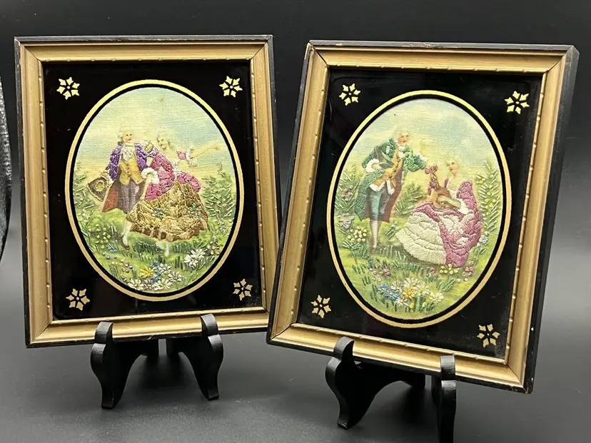 The Dance and The Duet - Pair of embroidered silk paintings