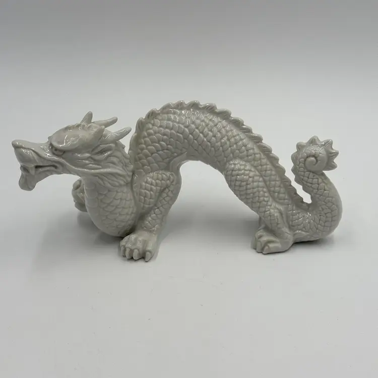 Otagiri OMC Japan Vintage Dragon Flaming Pearl Pair Of White Porcelain Figurines