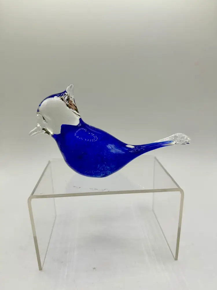 Vintage Signed Blue Clear Swirl Art Glass Bird Paperweight