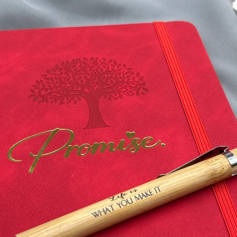 New Promise Collection Red Leather Bound Lined Journal | Tree of Life Notebook with Inspirational Pen