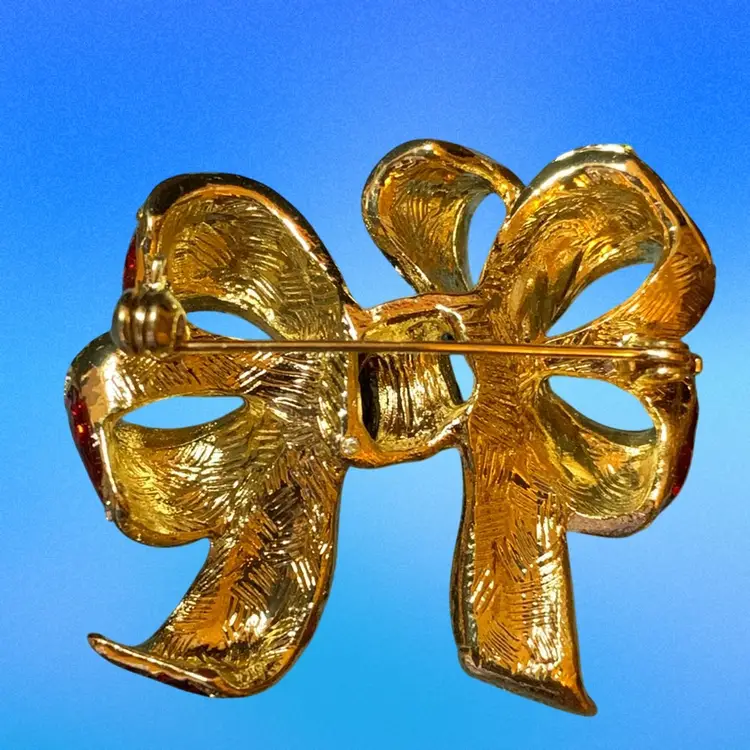 Lg Red Bow Brooch Gold Tone