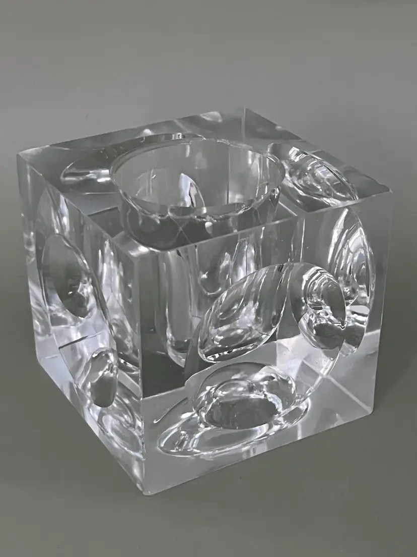 Vintage Italian Crystal Block Candlestick With Concave Circles