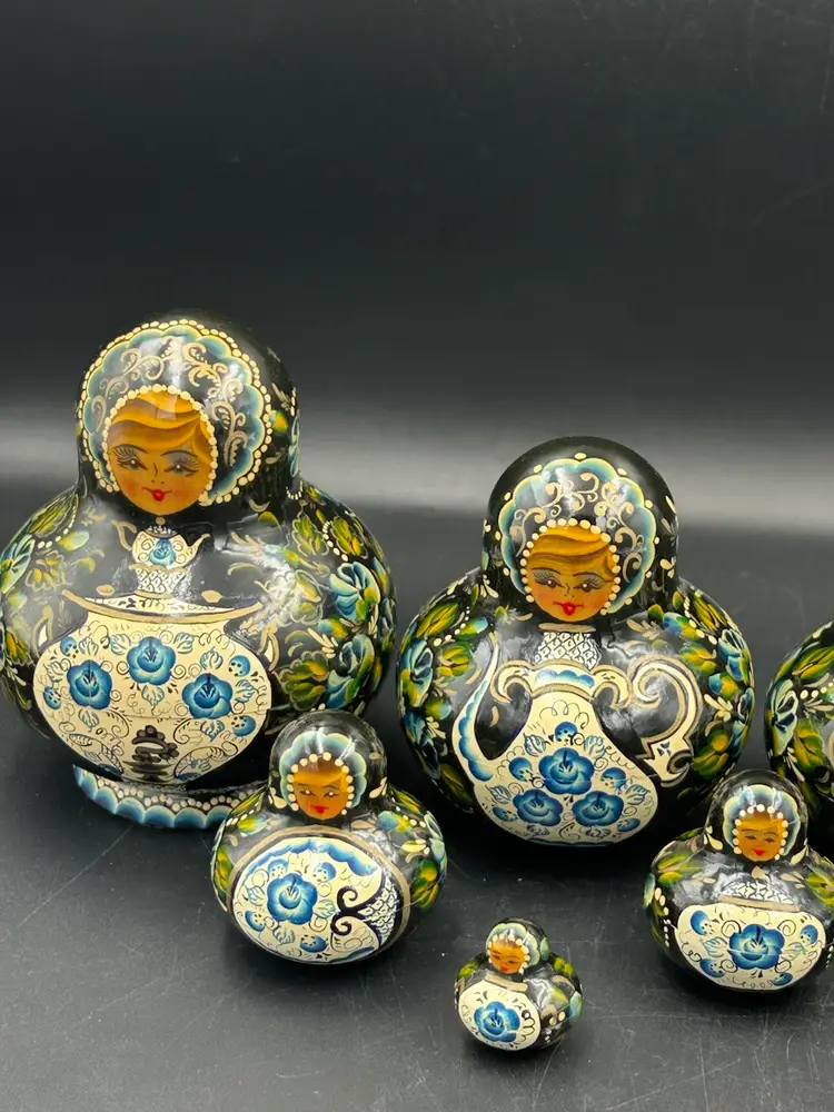Vintage Russian 12 Pc Matryoshka Black & Blue Floral Wood Nesting Doll Signed