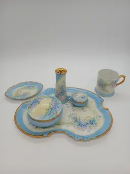 Limoges Handpainted Vanity Set 1908 Hand-painted Forget-Me-Nots 6 Piece READ