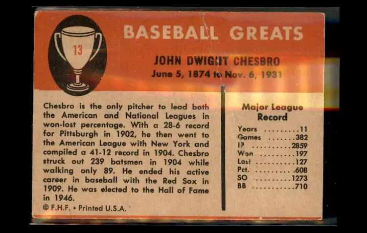 1961 Fleer Baseball Greats (F418-3) #13 Jack Chesbro - (pk2) - New York Highlanders