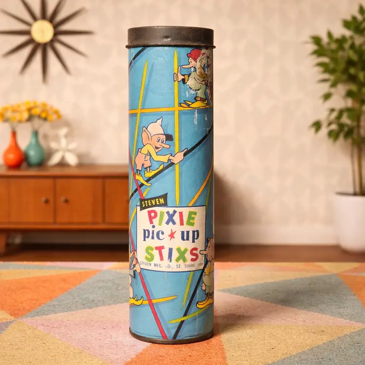 Vintage Pixie Pick Up Stix Game Steven Mfg St Louis Tube Wooden Sticks Complete