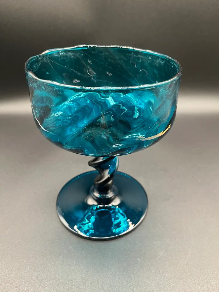 Empoli Teal Blue Twisted Stem Optic Compote 7”