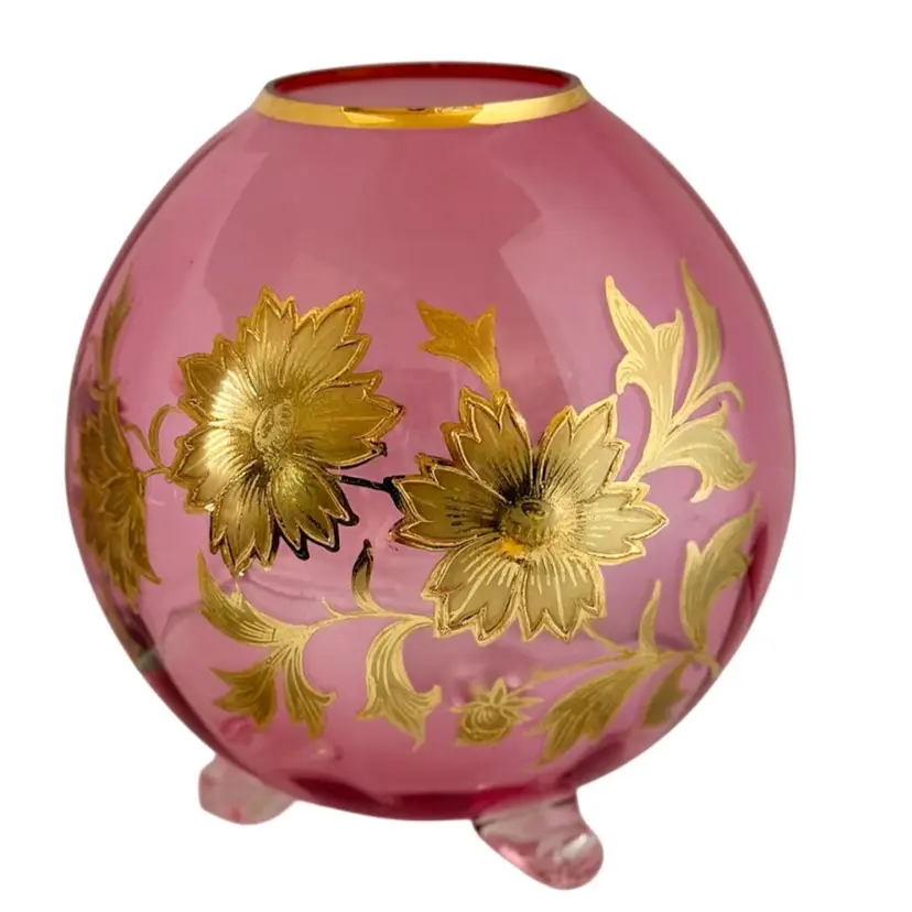 Victorian Cranberry & Gold Pedestal Bowl/Vase Hand Painted Bohemian Czech Republic Partial Label
7-1/2” T x 2-5/8” Opening