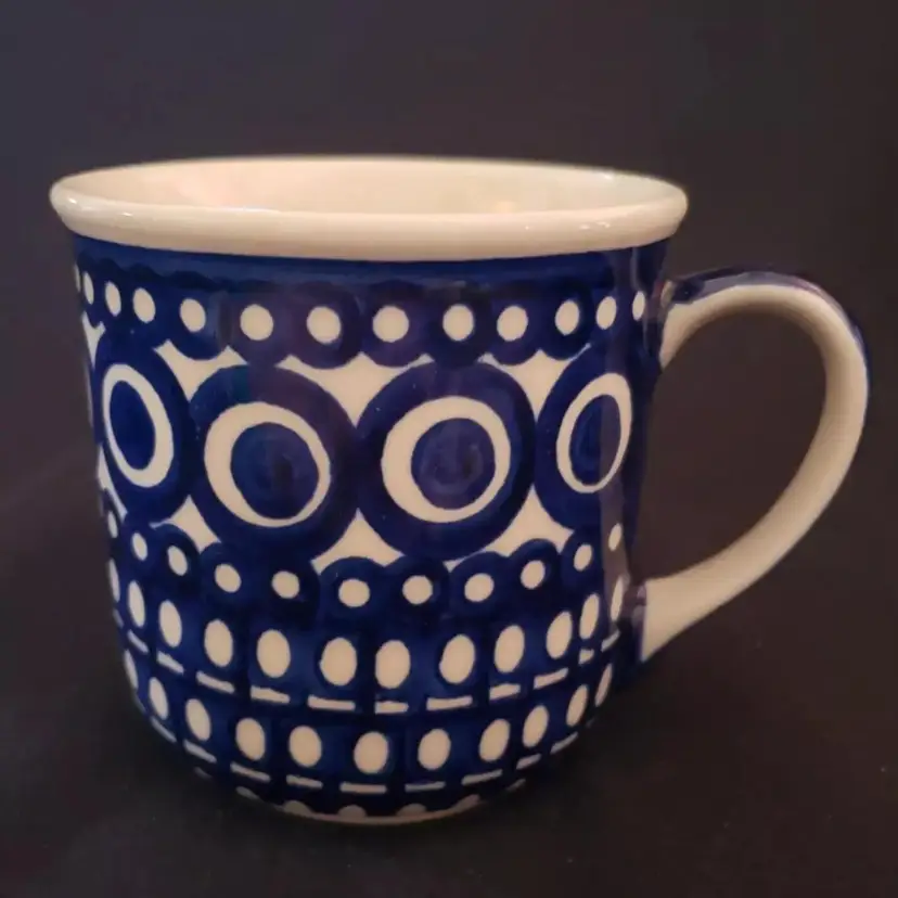 Boleslanca Poland Coffee Mug Ceramic Hand Made Dark Blue Polka Dot & White 10 oz