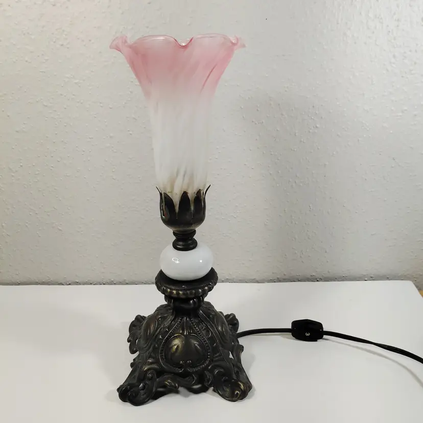 Vintage Ornate Metal White Pink Glass Trumpet Lily Tulip Table Lamp Night Light