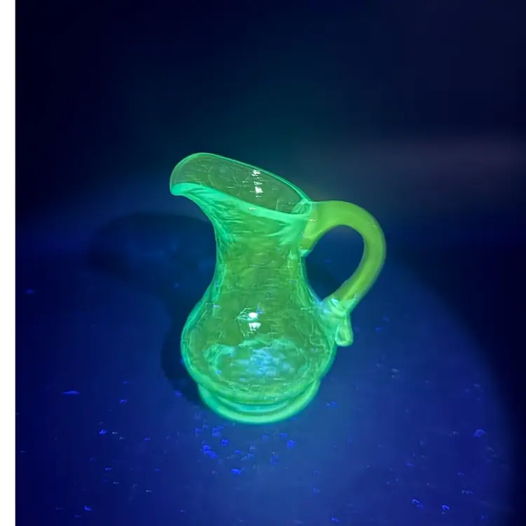 Vintage Blue Crackle Glass Pitcher - Glows Green under 365 UV light.