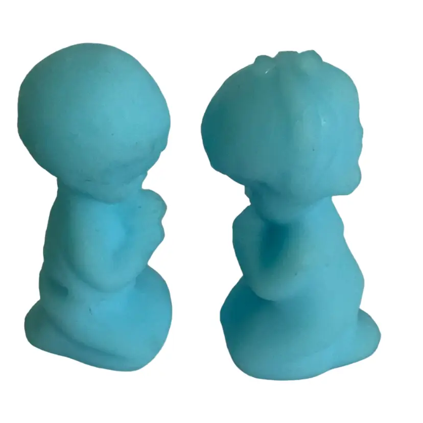 #27 Vintage Fenton Blue Satin Glass Praying Boy And Girl Figurines Set #2