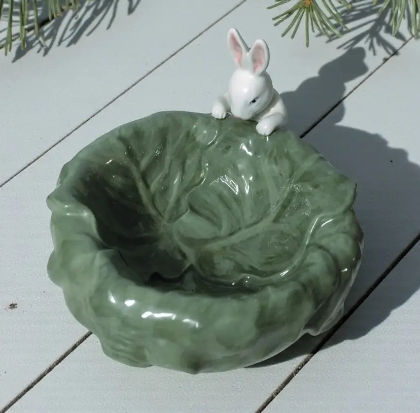 Department 56 Porcelain Bunny Rabbit Cabbage Dip Bowl Candy Dish Easter Spring