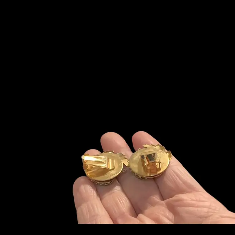 Vintage Goldtone Floral Clip Earrings. With Oval Green Chalcedony Cabochons.  Not Signed