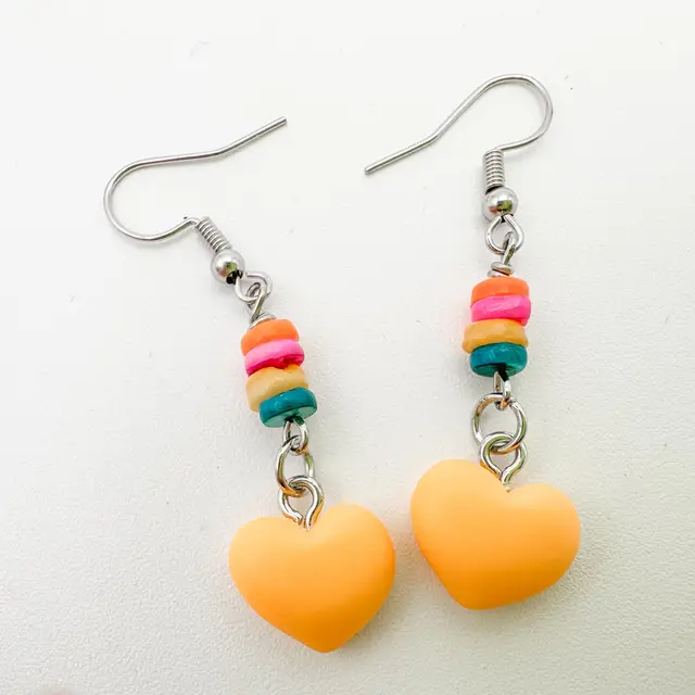 Heart Earrings Yellow with Multicolor Accents Handmade
