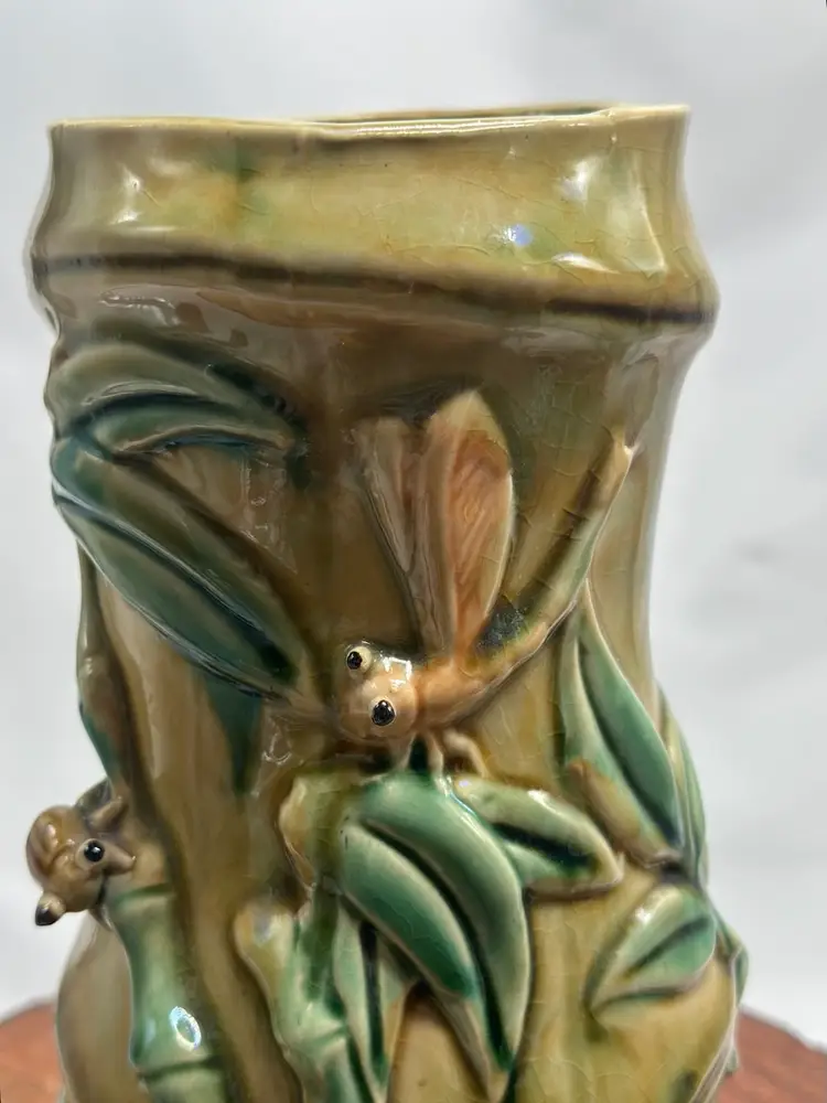 Vintage Majolica Asian Turtles Dragonfly Frogs On Bamboo Vase Anthropomorphic