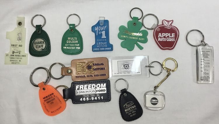 Advertising key rings, lot of 13, plastic, leather, acrylic, most from Canada