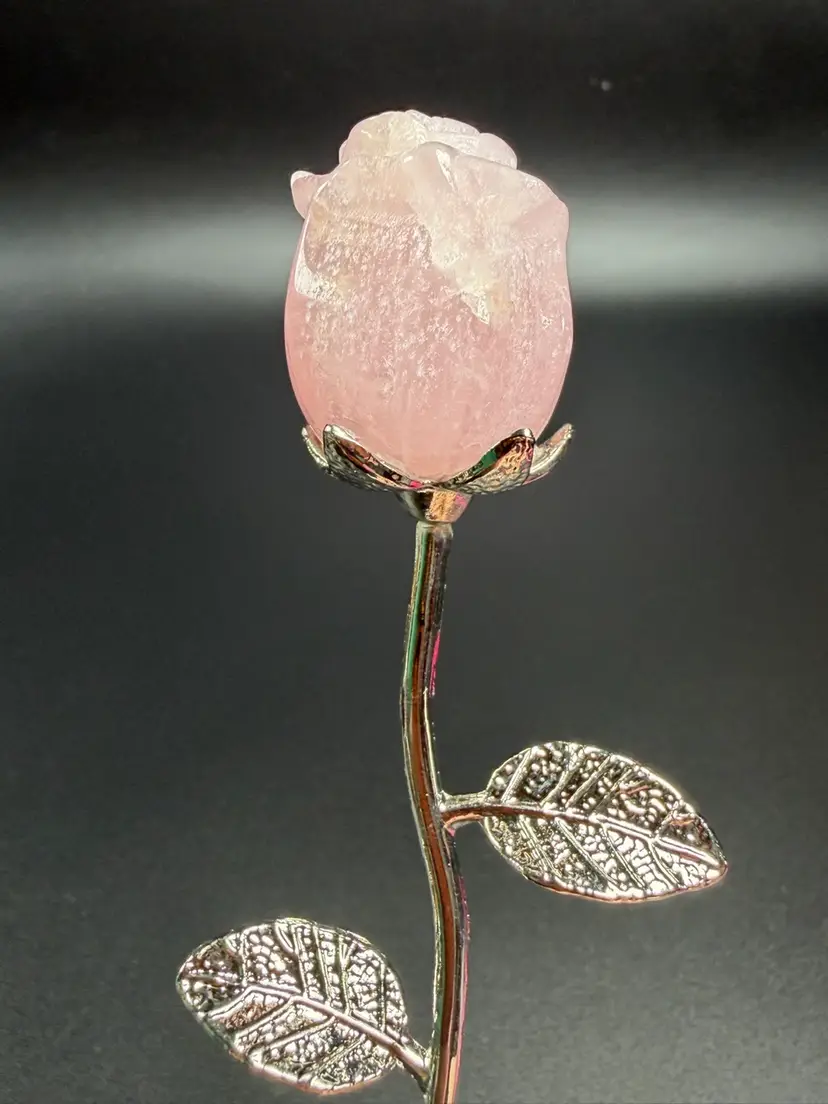 Hand Carved Rose Quartz Flower Pink Stone Healing Crystal Silver Tone Stem 6"