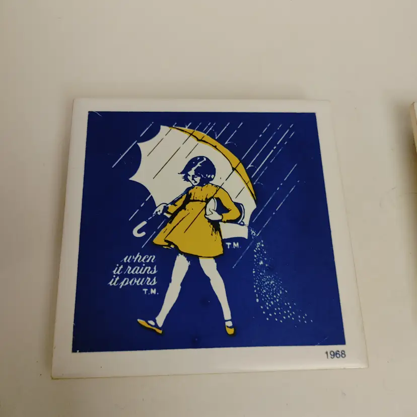 2 Morton Salt Tiles. 1968 & 1933. No condition issues. 4.25 x 4.25.