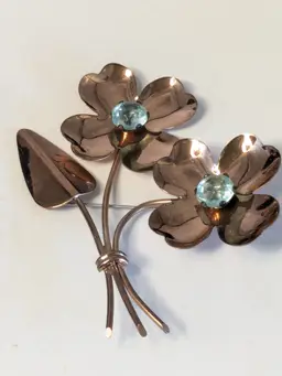 Vintage Sterling Silver Vermeil Large Flower Statement Brooch Blue Rhinestones