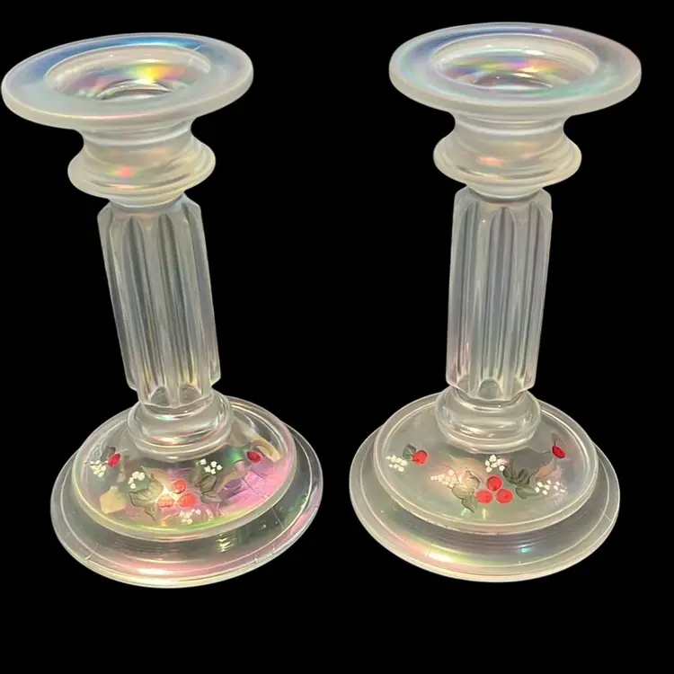 Christmas, Vintage Fenton Stamped White Iridescent 5” Hand Painted And Signed Matching Candle Sticks, 1992