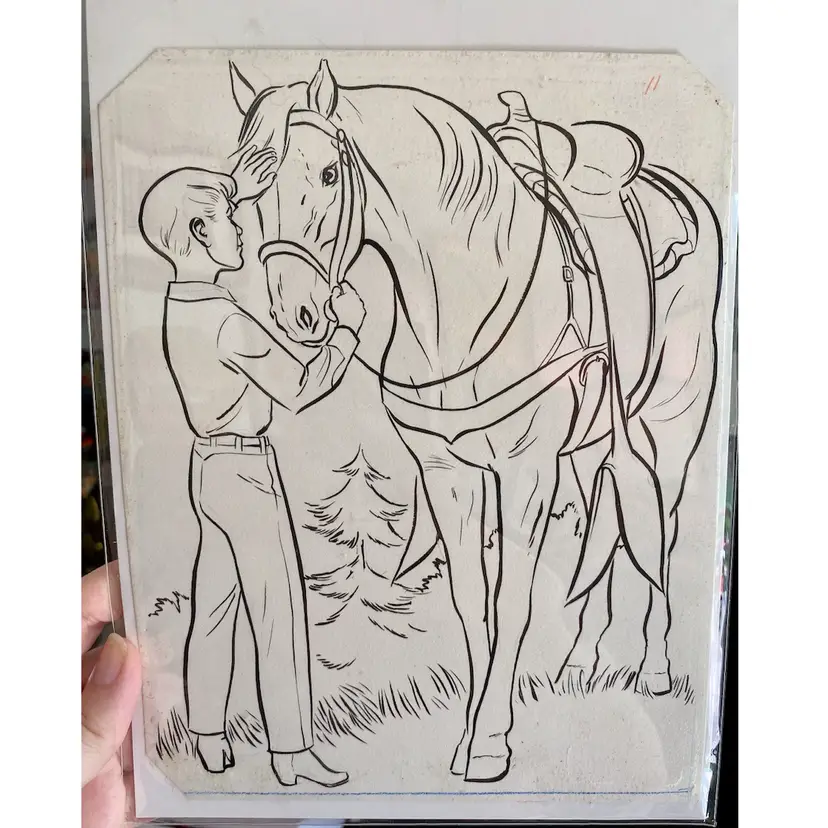 Vintage Original Ink Drawing Proof For Coloring Book - Horse