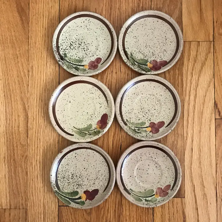 Hand Painted Floral Studio Art Pottery Speckled Espresso Cup Saucer Set of 6