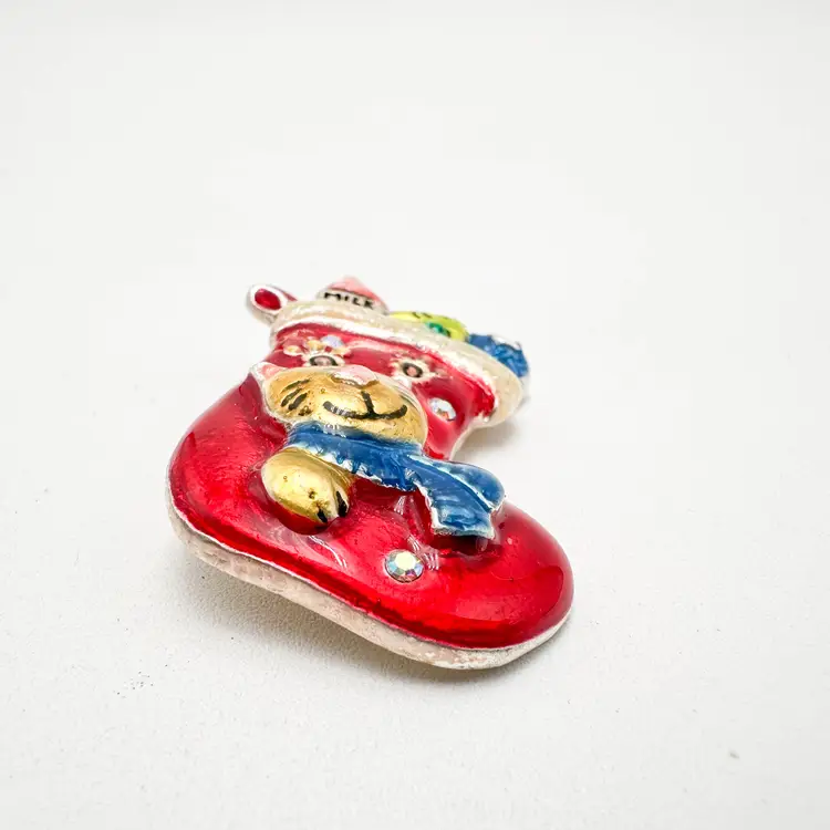 Cat Stocking Christmas Brooch Gold Tone Enamel 2" Signed AJMC