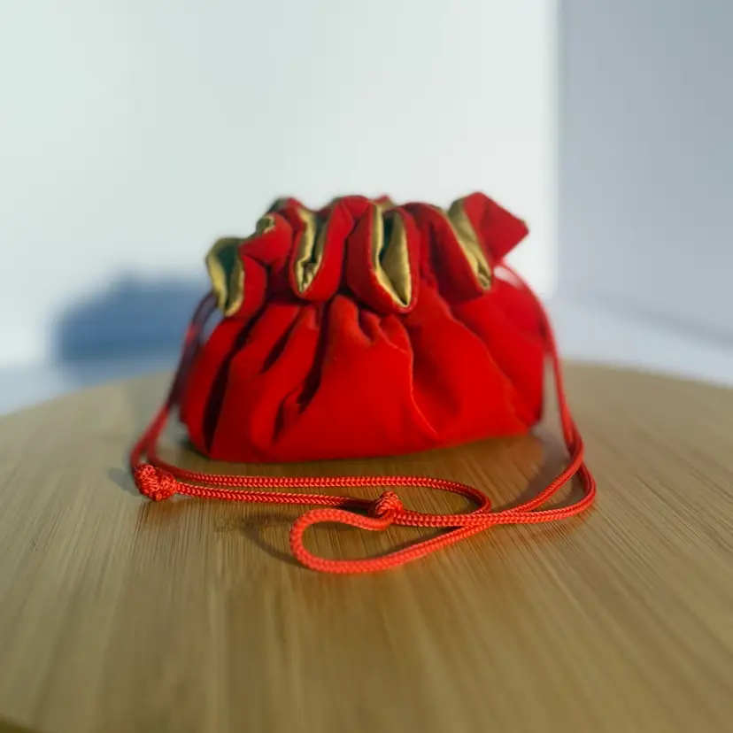 Vintage Red Velvet & Gold Satin Drawstring Pouch Bag
