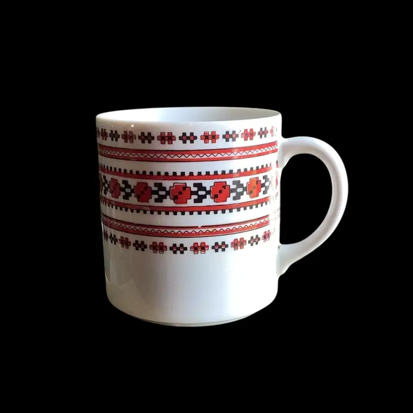 Ukrainian Ceramic Coffee Mug With Applied Black And Red Cross Stitch Decor Made In Germany