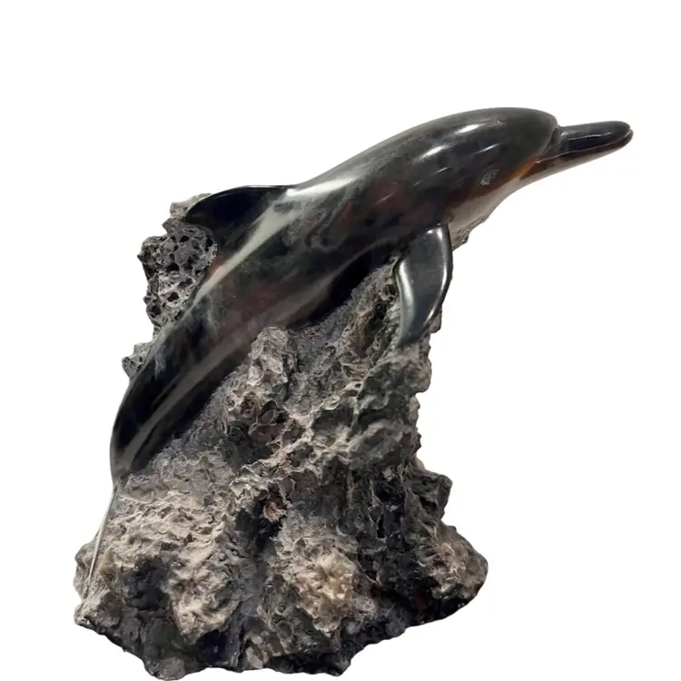 Figurine Black Cast Marble Dolphin Sculpture Foot Stone Artwork
 4.75”  T x 6” L x 3.5” W