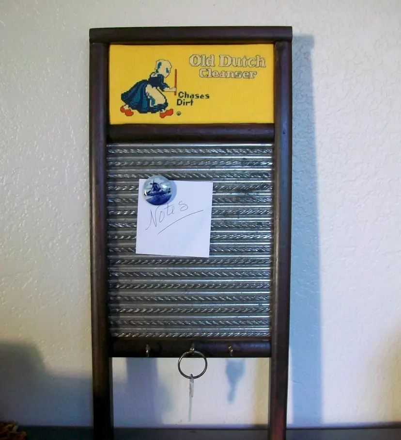 Vintage Dubl Handi Washboard, Cross Stitch Old Dutch Cleanser Advertising Sampler, Note Key Holder, Delft Blue Windmill Magnet Country Core 9" x 18"