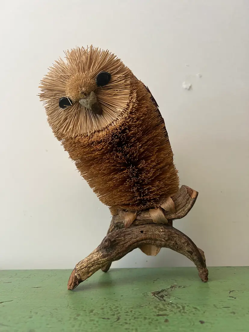 Vintage Buri Bristle 9" Owl Freestanding Woodland Creature Cottage Core