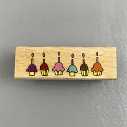 Hampton Art 1”x3” Birthday Cupcakes Candles Wood Mounted Rubber Stamp 2011