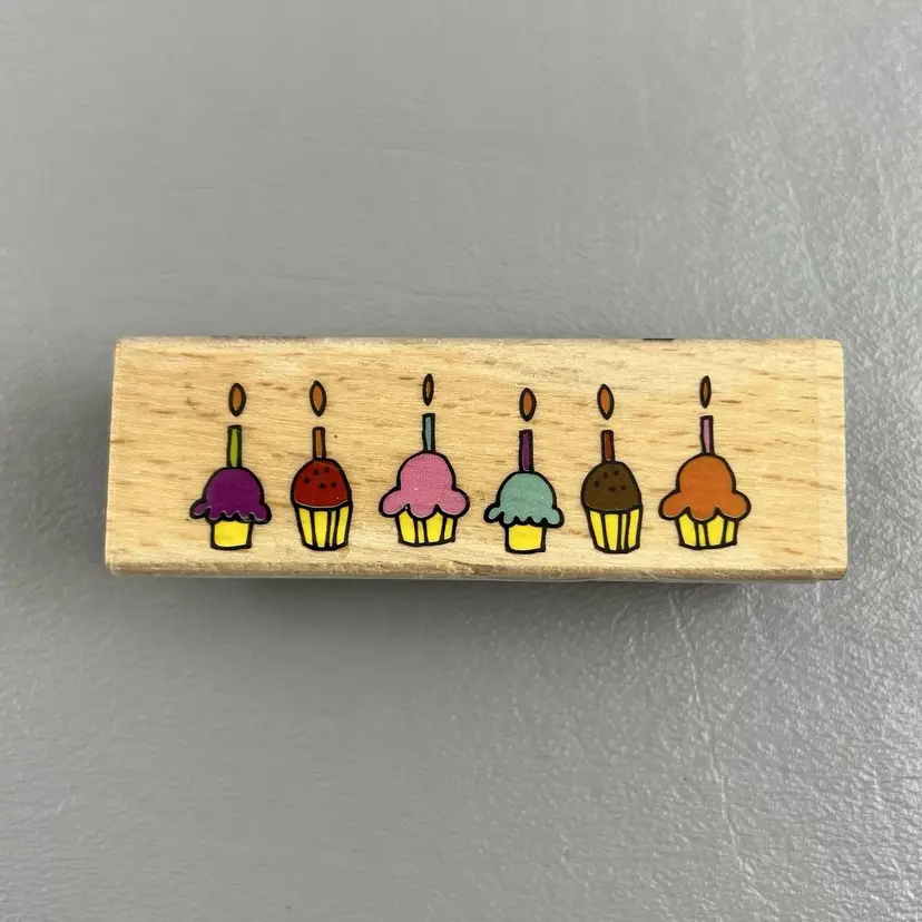 Hampton Art 1”x3” Birthday Cupcakes Candles Wood Mounted Rubber Stamp 2011