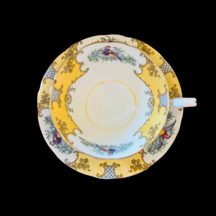 Aynsley Bird Tea Cup and Saucer Bone China Set England Yellow and White Vintage English Floral Tea Party