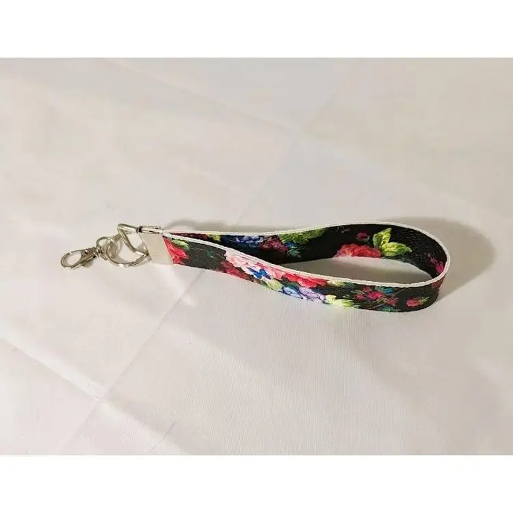 Handmade Faux Leather Wristlet Key Chain / Fob.  Black with bright printed florals.