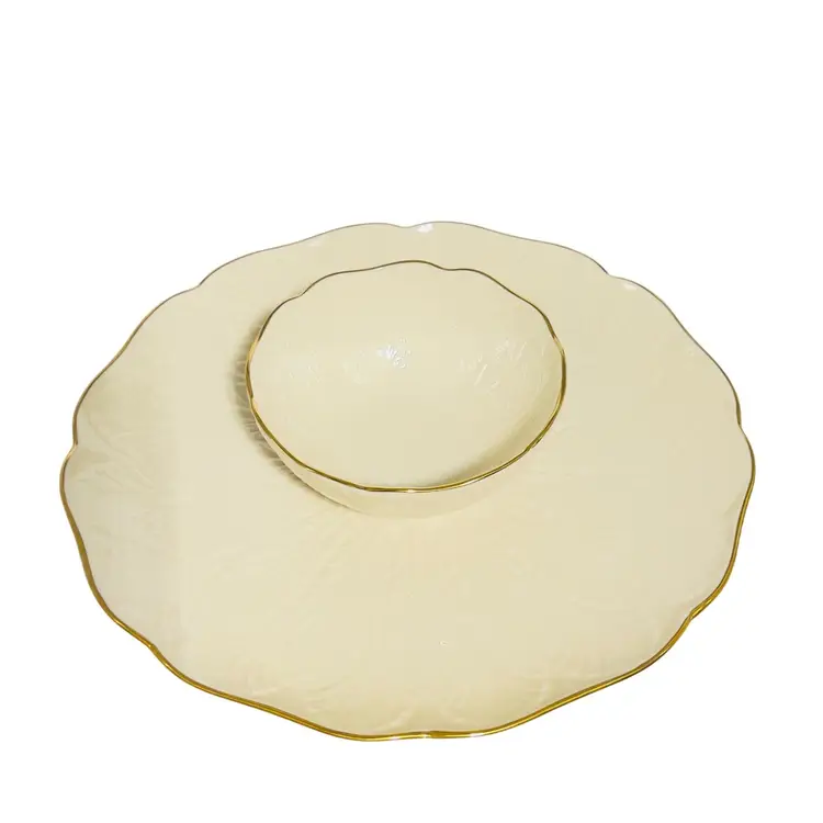 Chip and Dip Platter Greenfield Gourmet Collection By Lenox USA 1985Attached Bowl Gold Trim Bone China Cream Colored Leaf Relief Pattern Hand Crafted 24K Gold Trim Retired