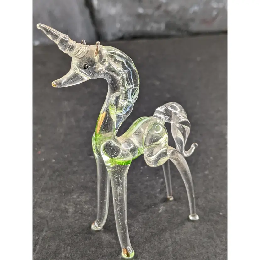 Unicorn Blown Glass Clear Spun Glass 4in Figure figurine Art Glass VTG Black Eye Mystical Creature Fantasy