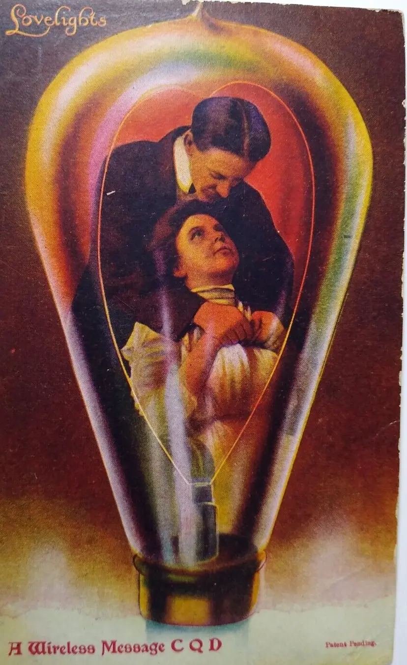 Victorian Couple Inside Light Bulb Fantasy Postcard Wireless Lovelights  1909