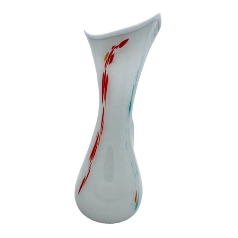 Tall Hand Blown Crimped Mouth Speckled White Stretched Vase 15" H x 5.5" W base