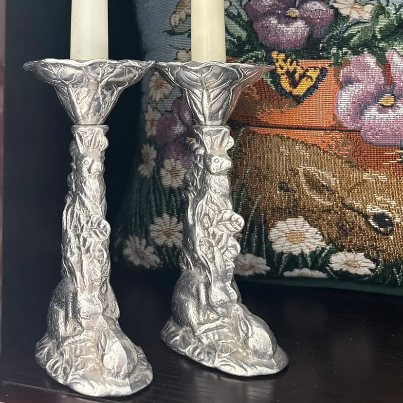Vintage Arthur Court Aluminum Bunny Rabbit Taper Candlesticks