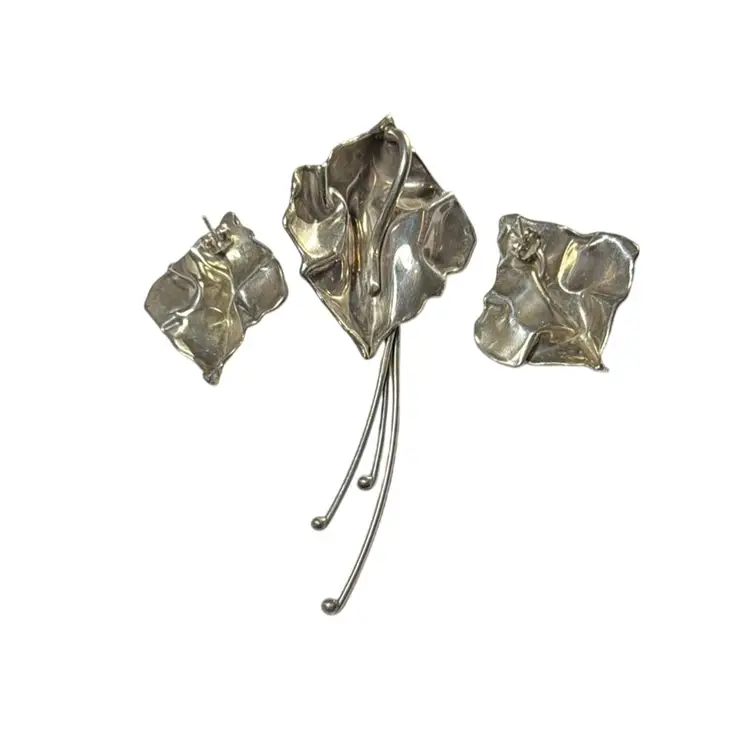 Marksz Of Palm Beach Early Work - Brutalist Pendant & Pierced Earrings Sterling Silver Set - Pendant 4.25” Earrings 1.5”