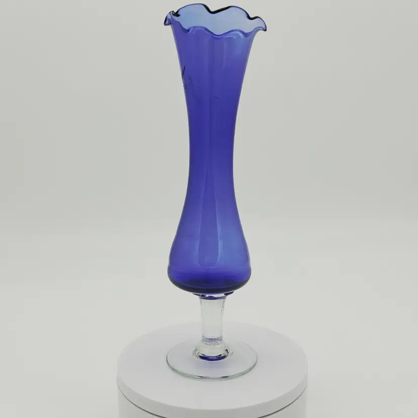 Vintage Cobalt Blue Etched Glass Bud Vase - Scalloped Ruffled Rim - Floral Motif
