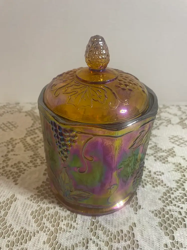 Indiana Glass Amber Marigold Carnival Glass Canister Jar & Lid Harvest Grape 7.5” X 4.5”