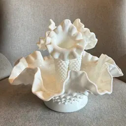 Vintage Fenton Hobnail Milk Glass Epergne Ruffled 3 Horne